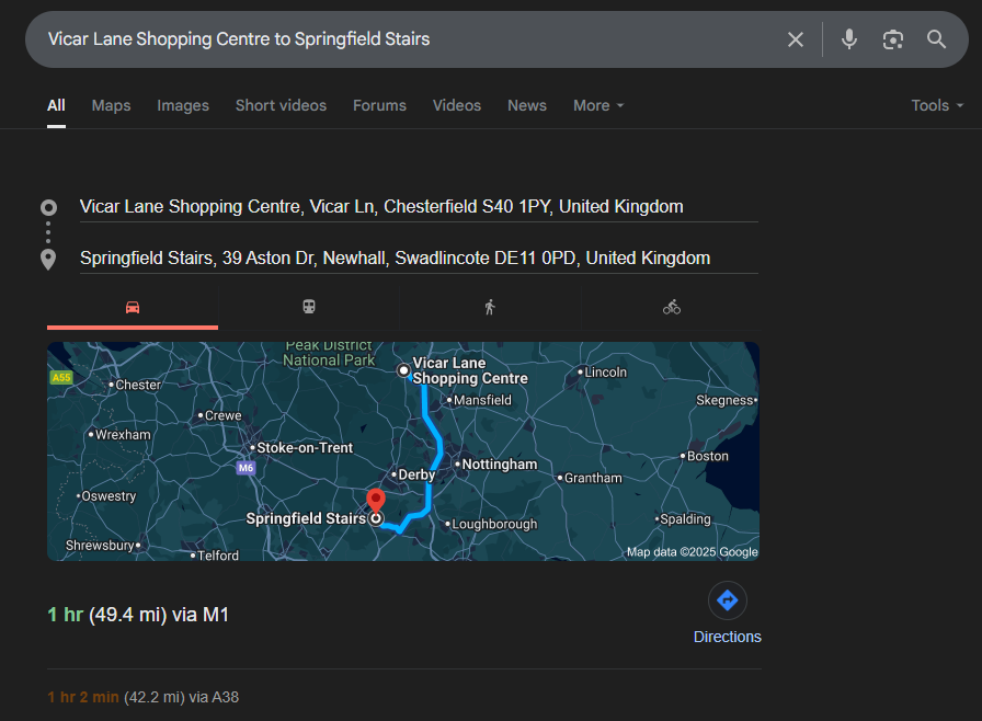 Google Maps route from Potters Snooker & Pool Club to Springfield Stairs, Swadlincote