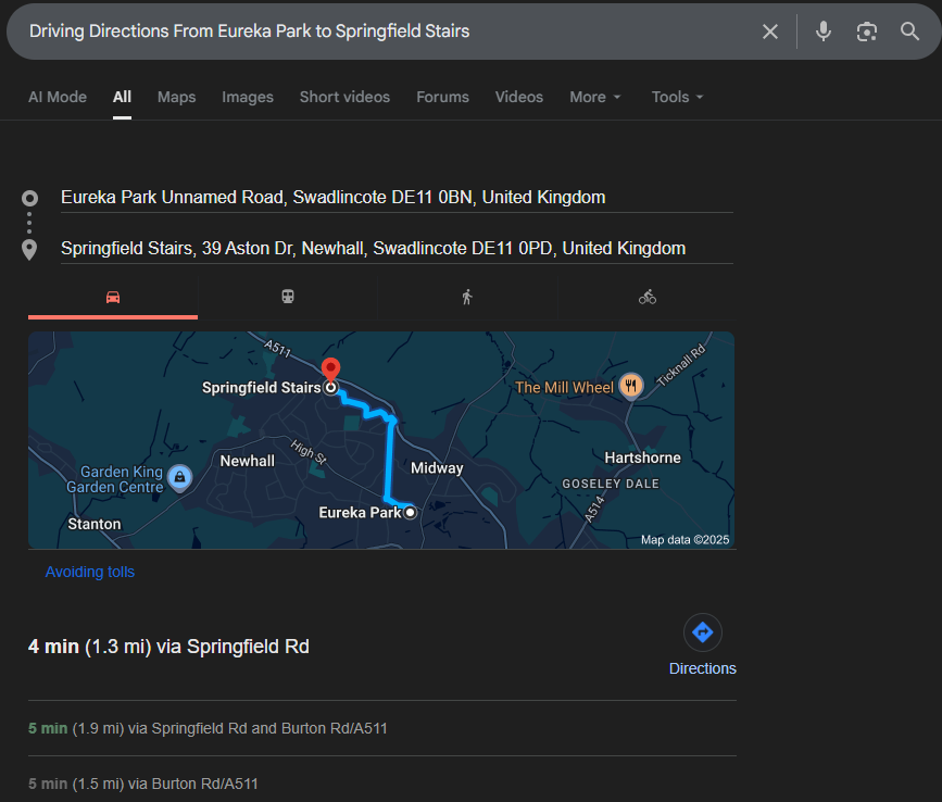 Google Maps route from Potters Snooker & Pool Club to Springfield Stairs, Swadlincote