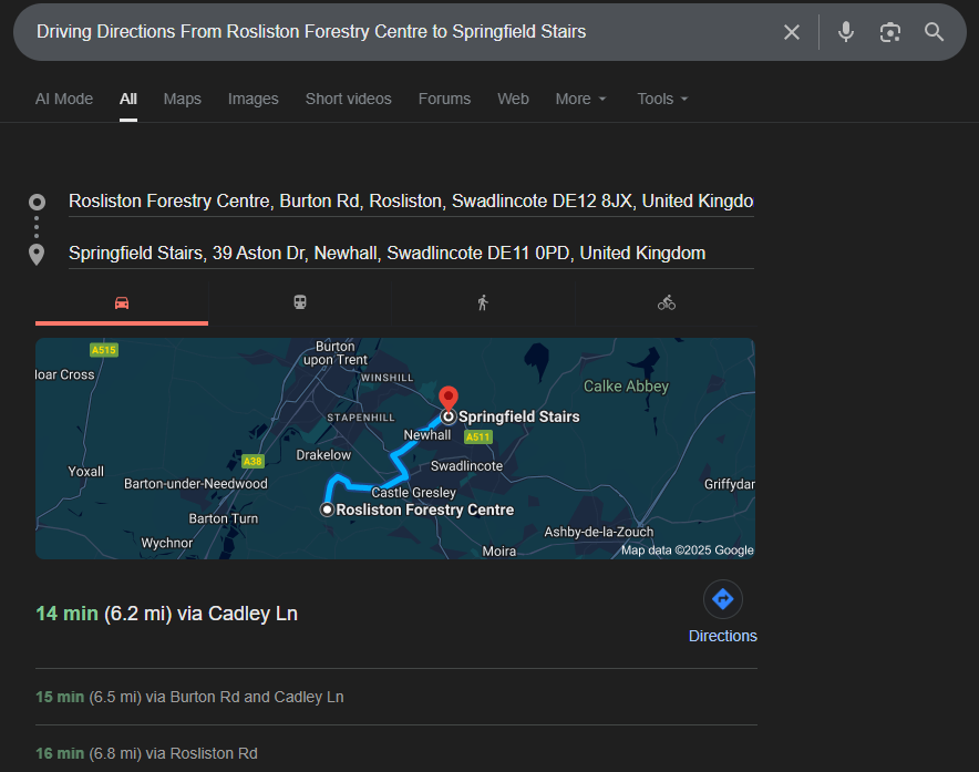 Google Maps route from Potters Snooker & Pool Club to Springfield Stairs, Swadlincote
